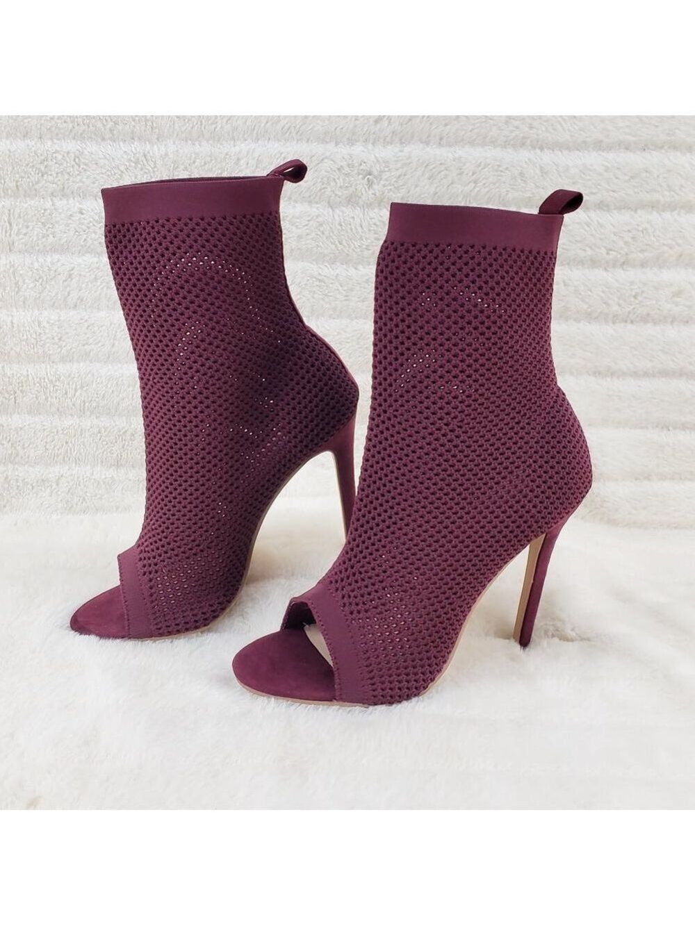Ready Go Wine Burgundy Red Stretch Open Toe Mesh Pull On High Heel Ankle Boots
